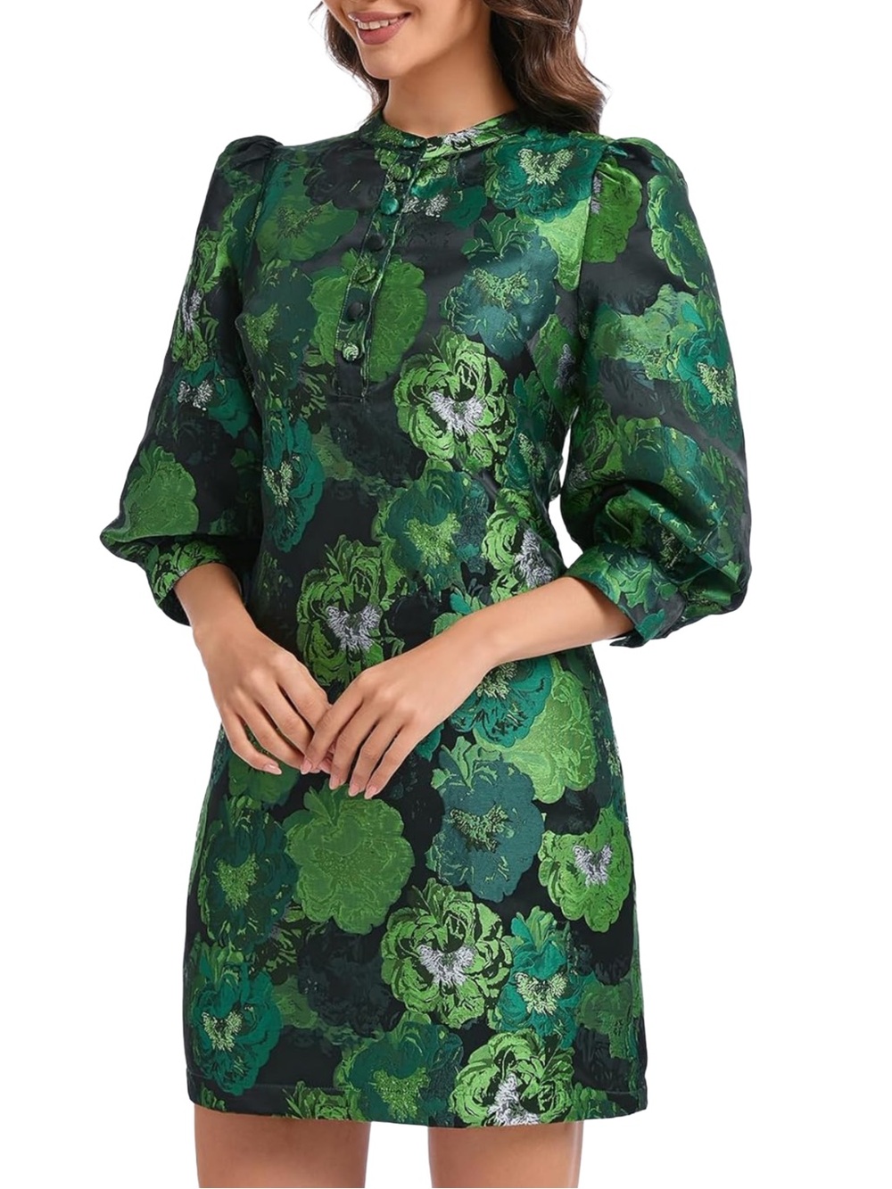 Green Floral Jacquard Shift Mini Dress Puff Sleeve Women’s Medium EUC
